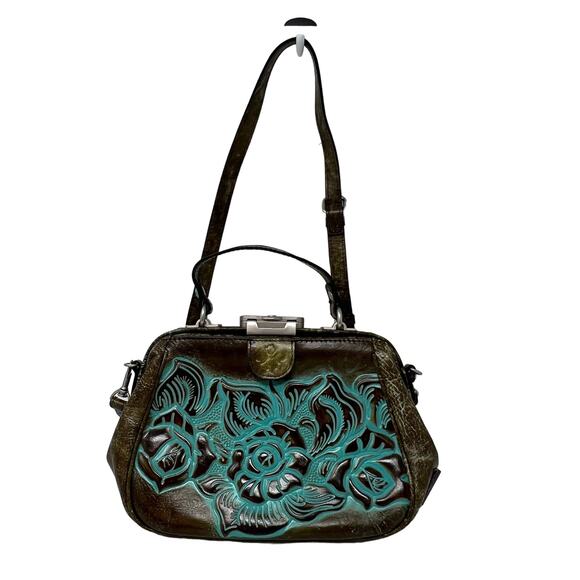 Patricia Nash Gracchi Tooled‎ Leather Brown Teal Frame Satchel Handbag - Picture 1 of 8